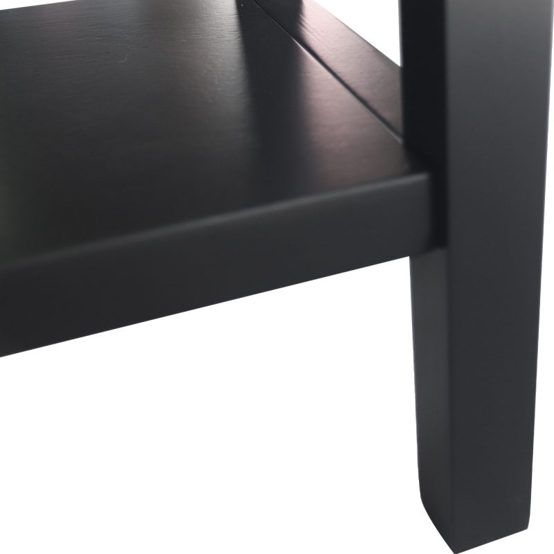 Close up of a black wood finish console table frame.