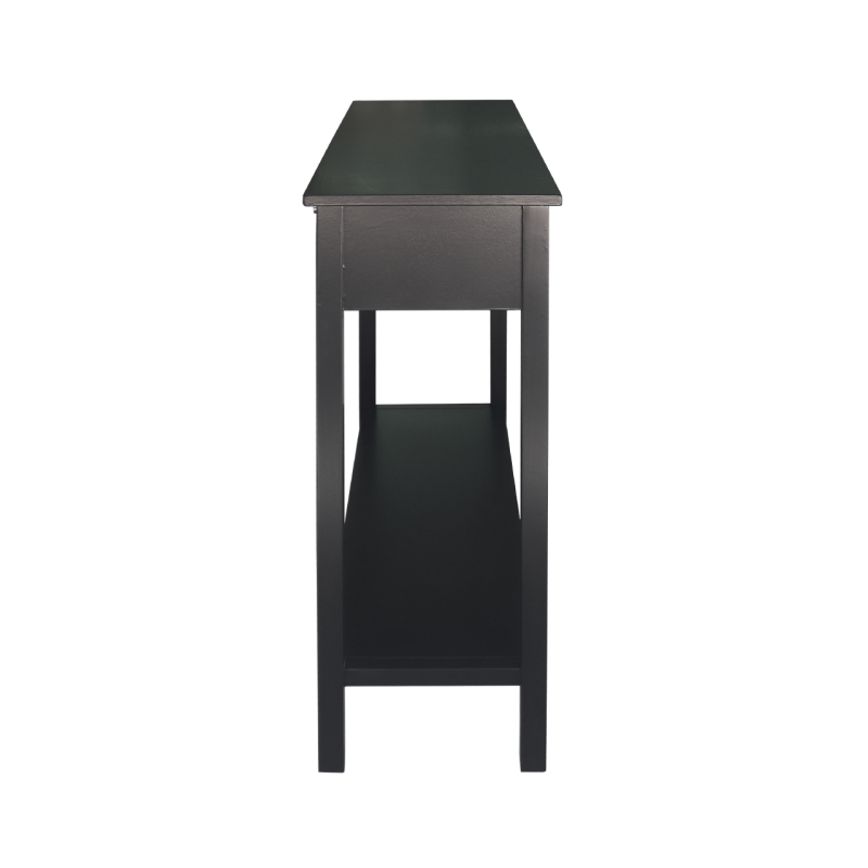 Side view of a black wood finish 2 door console table.