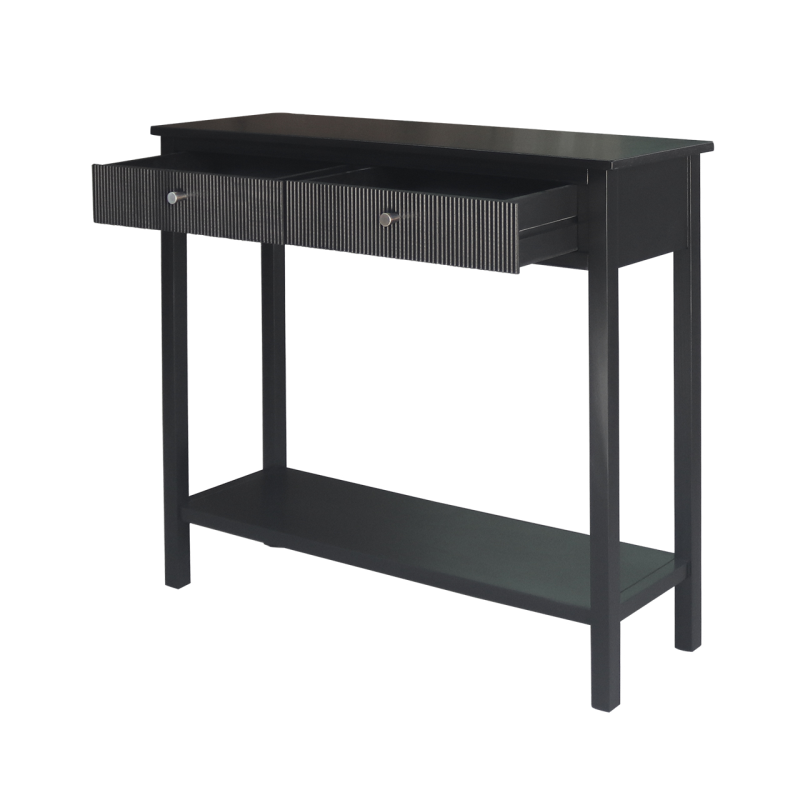 Black wood finish 2 drawer console table with drawers open. 