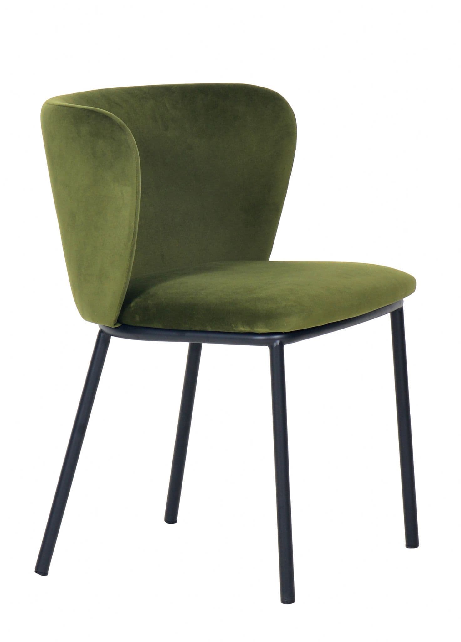Pair of deep green velvet dining chairs with back support and black metal legs